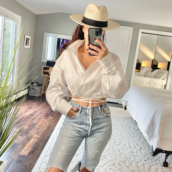 Tops - White high lapel cotton long strings wrap top size medium